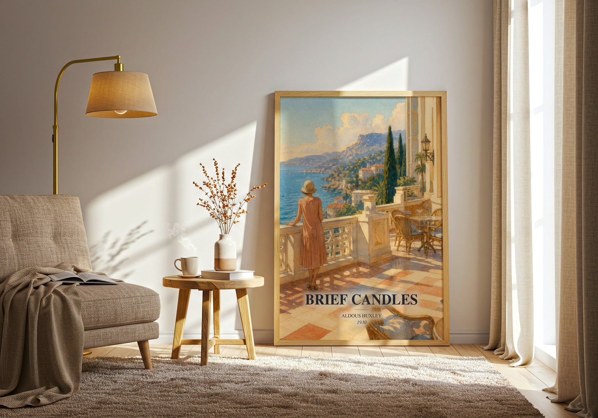 Brief Candles watercolour print in frame leaning in hallway – literary fiction wall art
