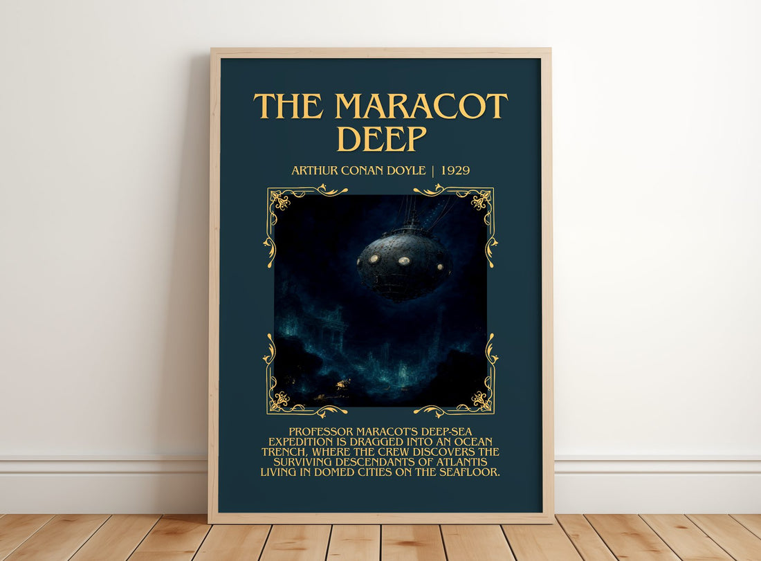 The Maracot Deep Minimalist Book Poster by Arthur Conan Doyle – framed print leaning on a wooden floor