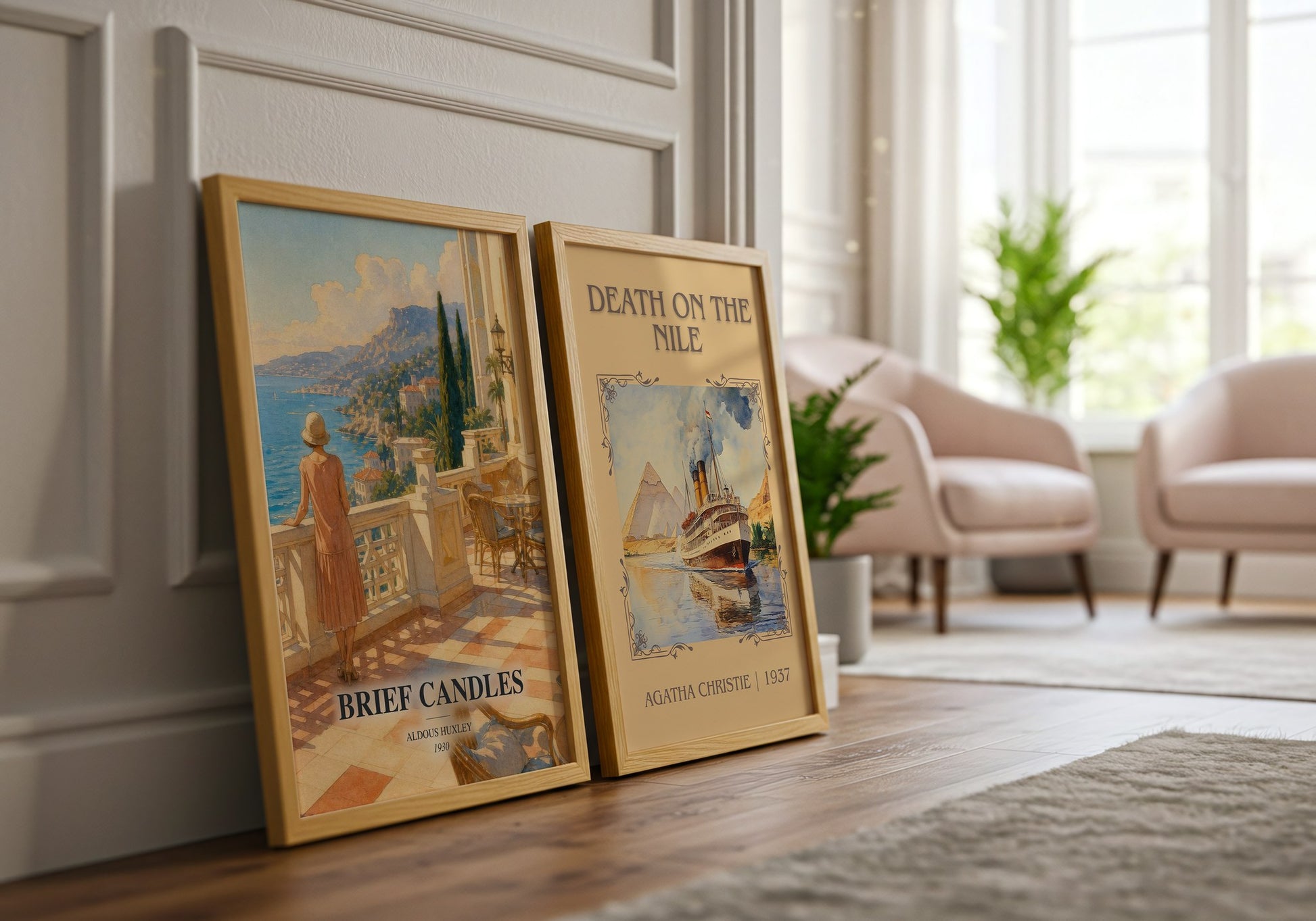 Brief Candles watercolour print framed by window – literary home decor