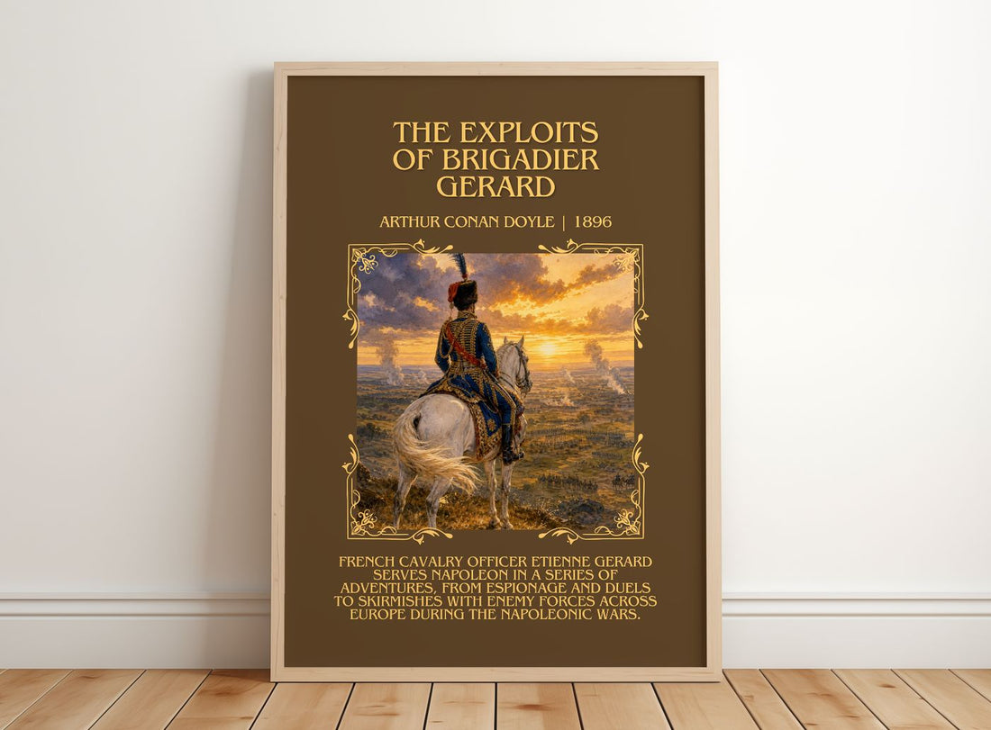 Exploits Of Brigadier Gerard Minimalist Book Poster by A. Doyle – framed print leaning on a wooden floor