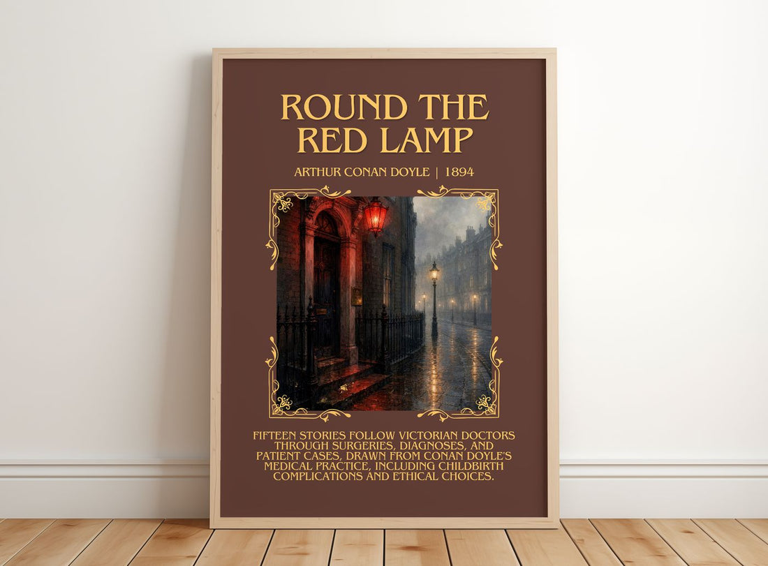 Round The Red Lamp Minimalist Book Poster by Arthur Conan Doyle – framed print leaning on a wooden floor