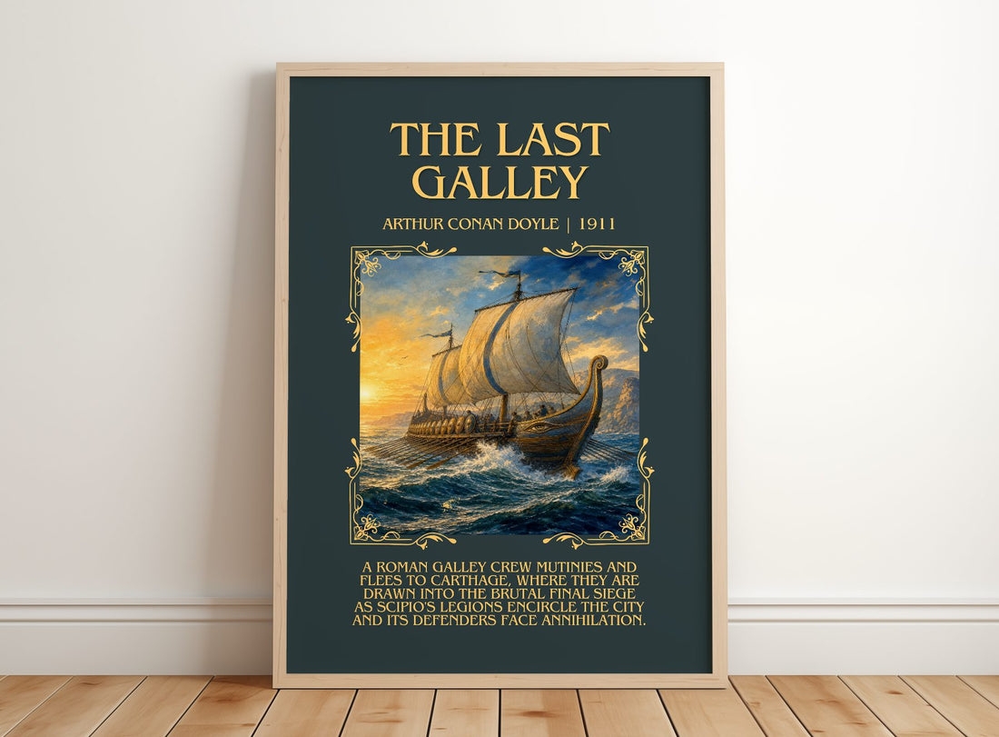 The Last Galley Minimalist Book Poster by Arthur Conan Doyle – framed print leaning on a wooden floor