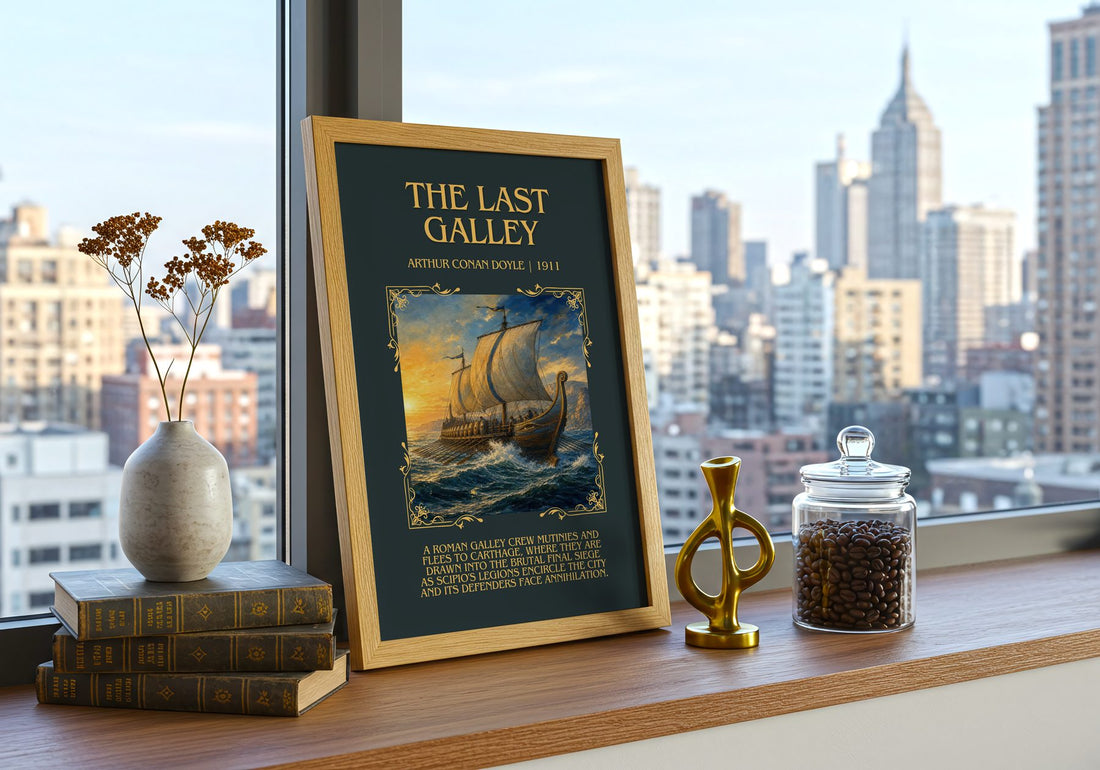 The Last Galley Minimalist Book Poster by Arthur Conan Doyle – framed print on a city-view windowsill