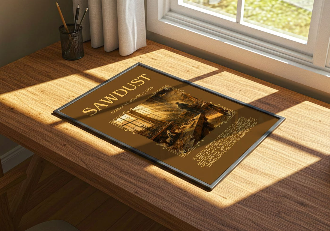 Sawdust Minimalist Book Poster by Barbara Cartland – print on a sunlit desk