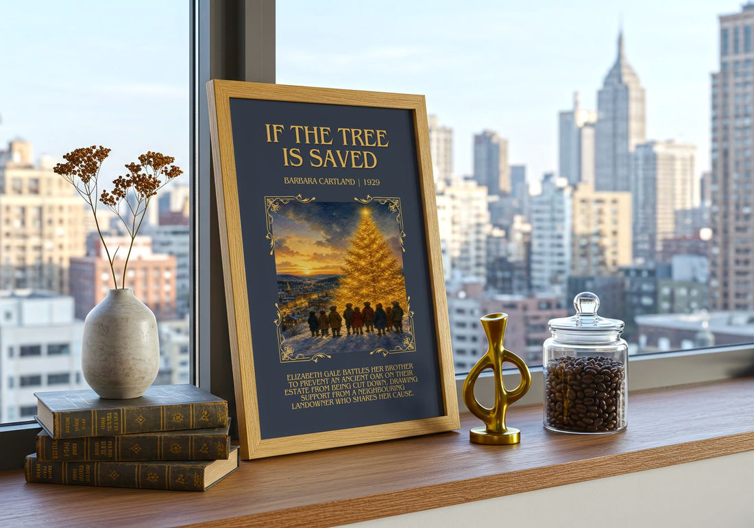 If The Tree Is Saved Minimalist Book Poster by Barbara Cartland – framed print on a city-view windowsill