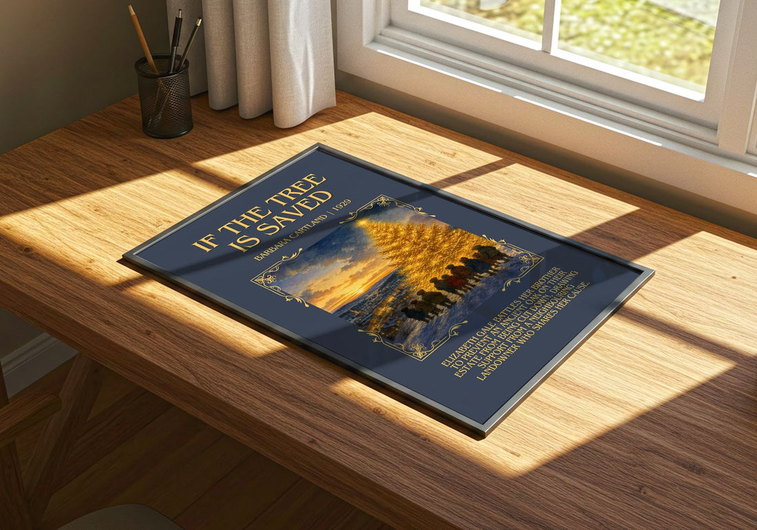 If The Tree Is Saved Minimalist Book Poster by Barbara Cartland – print on a sunlit desk