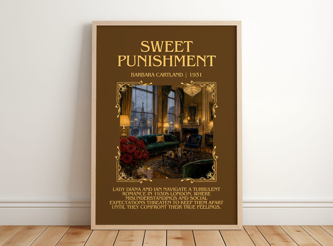 Sweet Punishment Minimalist Book Poster by Barbara Cartland – framed print leaning on a wooden floor