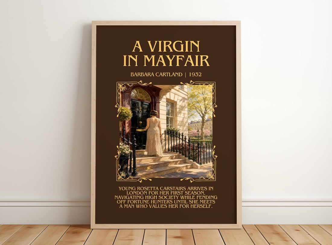 A Virgin In Mayfair Minimalist Book Poster by Barbara Cartland – framed print leaning on a wooden floor