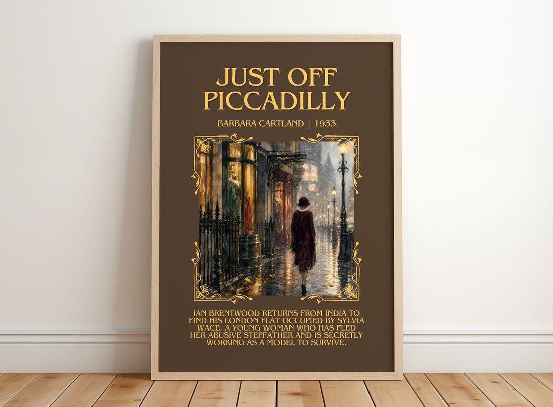 Just Off Piccadilly Minimalist Book Poster by Barbara Cartland – framed print leaning on a wooden floor