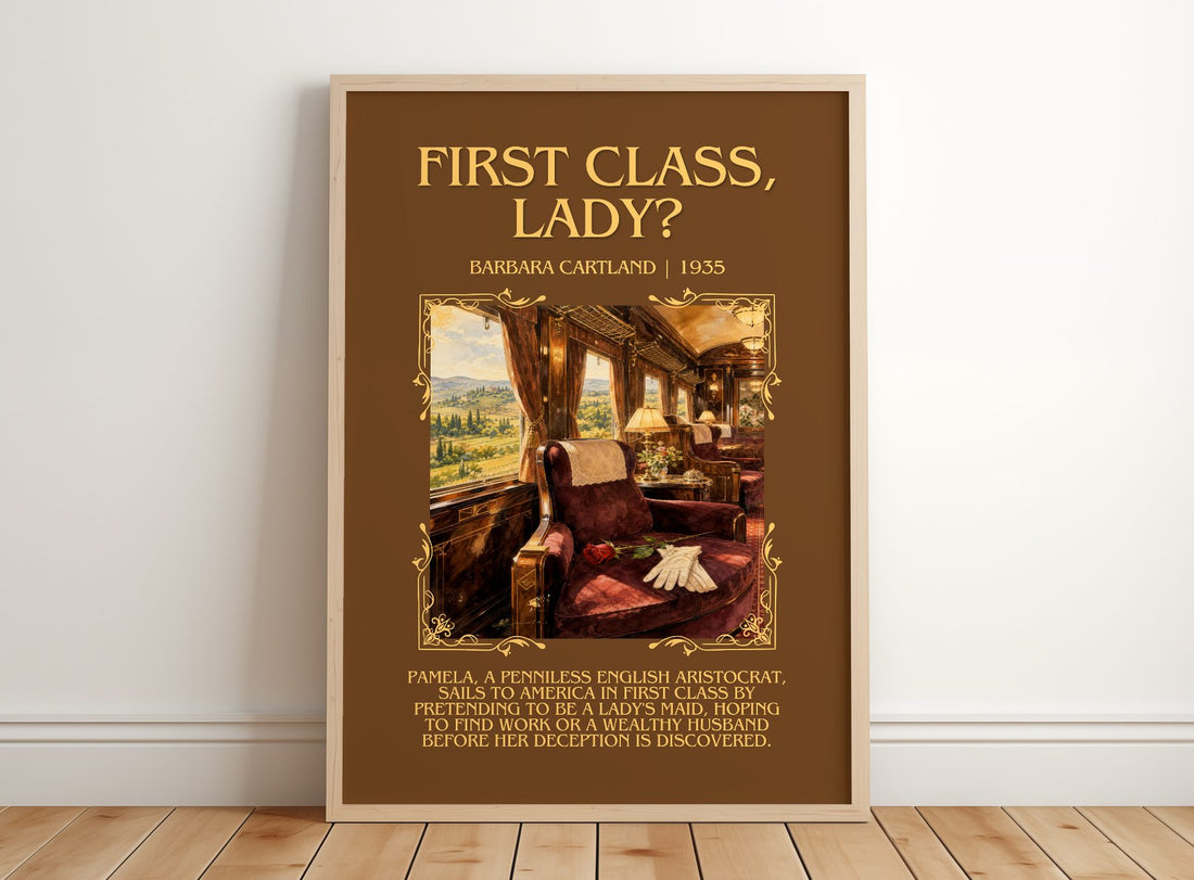 First Class, Lady? Minimalist Book Poster by Barbara Cartland – framed print leaning on a wooden floor