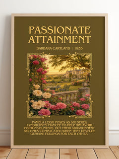 Passionate Attainment Minimalist Book Poster by Barbara Cartland – framed print leaning on a wooden floor