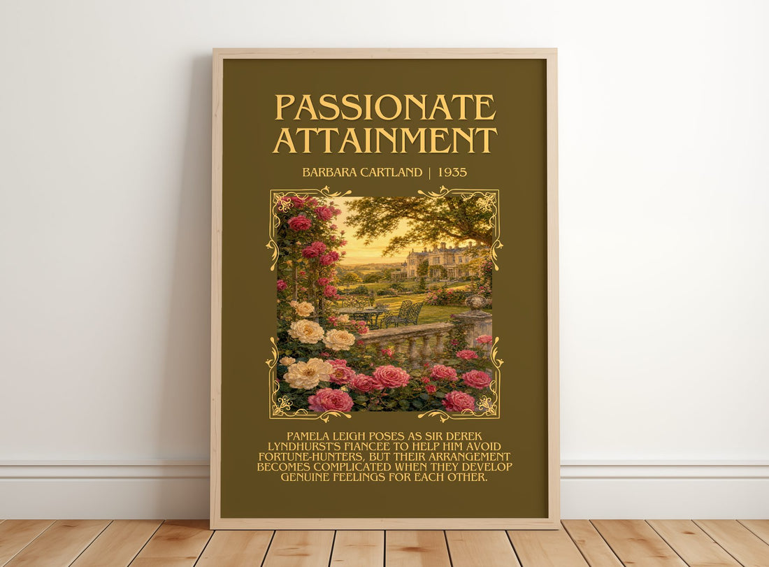 Passionate Attainment Minimalist Book Poster by Barbara Cartland – framed print leaning on a wooden floor