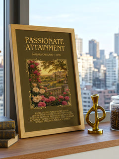 Passionate Attainment Minimalist Book Poster by Barbara Cartland – framed print on a city-view windowsill