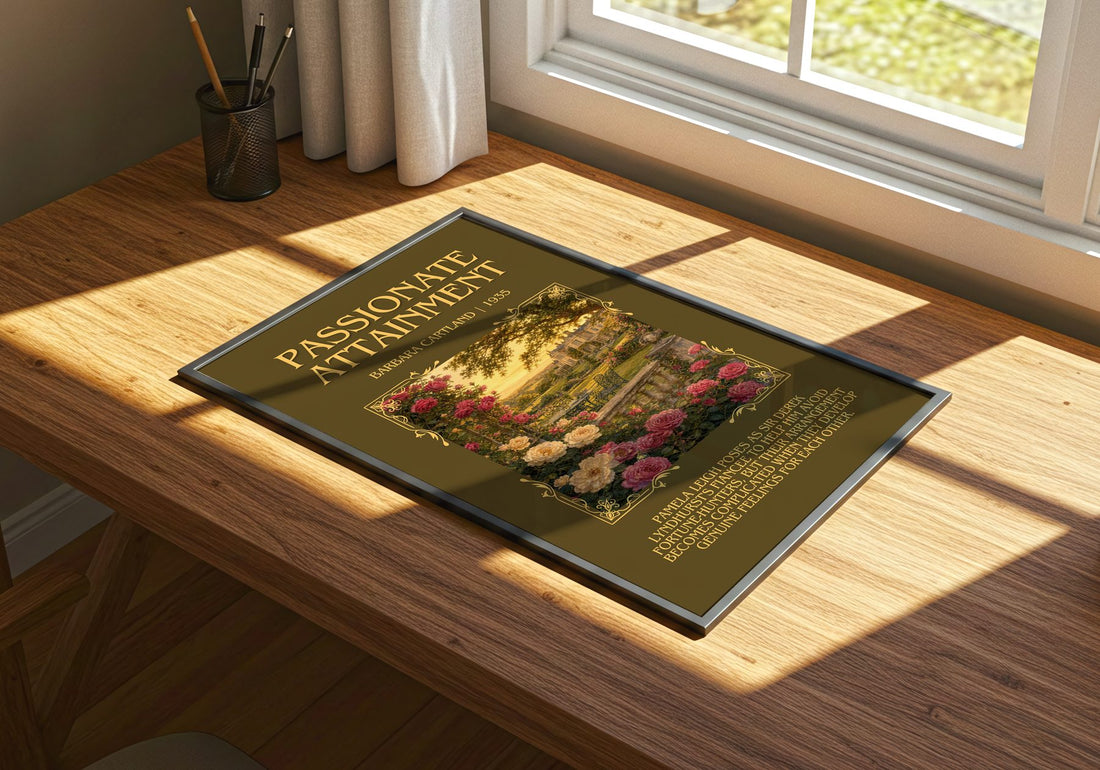 Passionate Attainment Minimalist Book Poster by Barbara Cartland – print on a sunlit desk