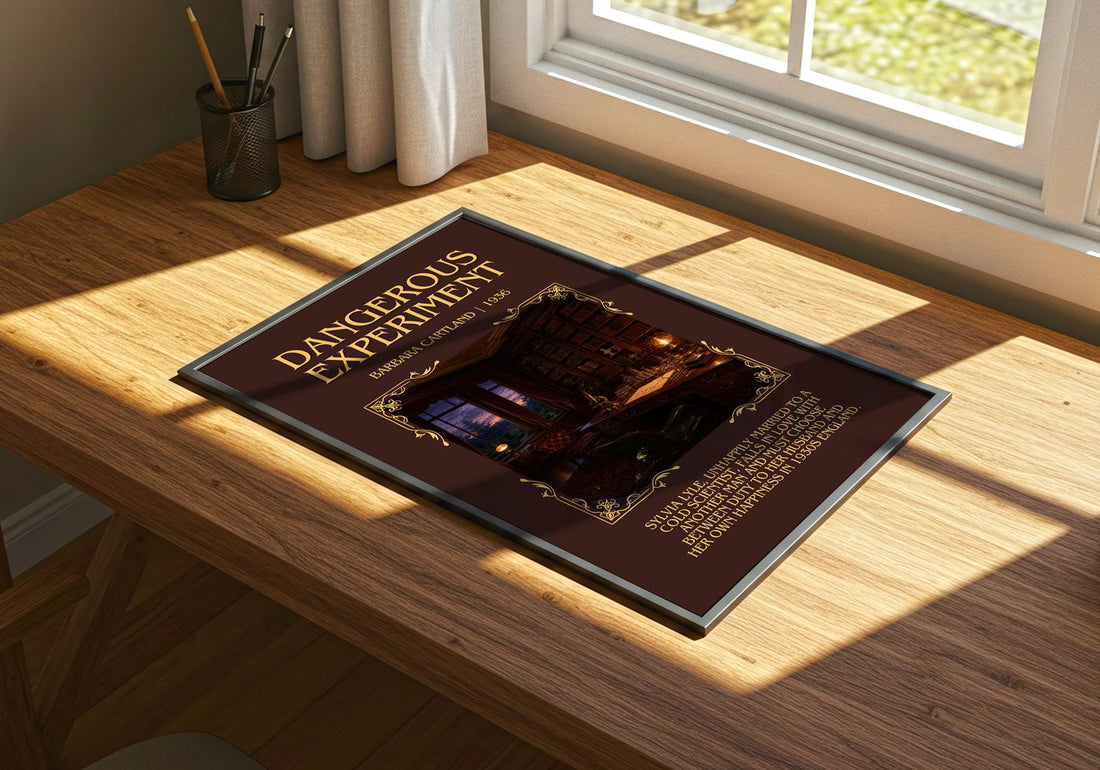 Dangerous Experiment Minimalist Book Poster by Barbara Cartland – print on a sunlit desk