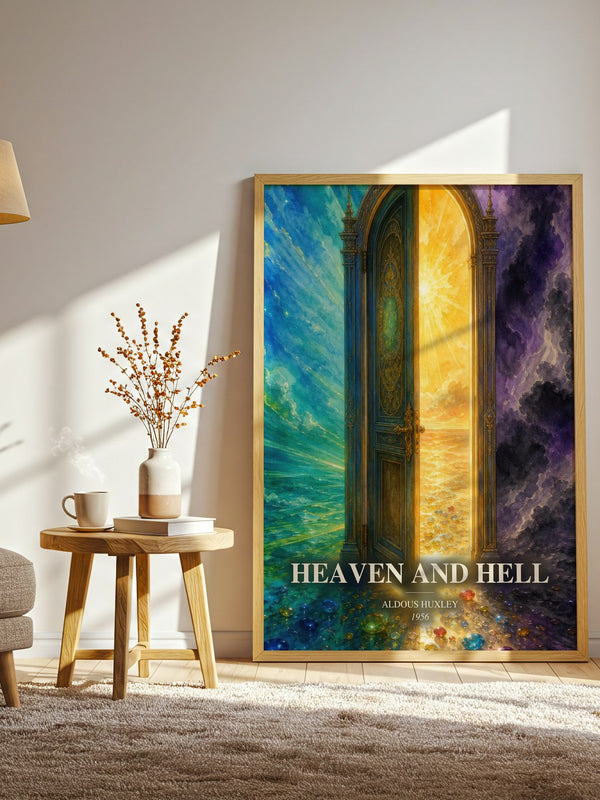 Heaven And Hell watercolour print in frame leaning in hallway – non fiction wall art
