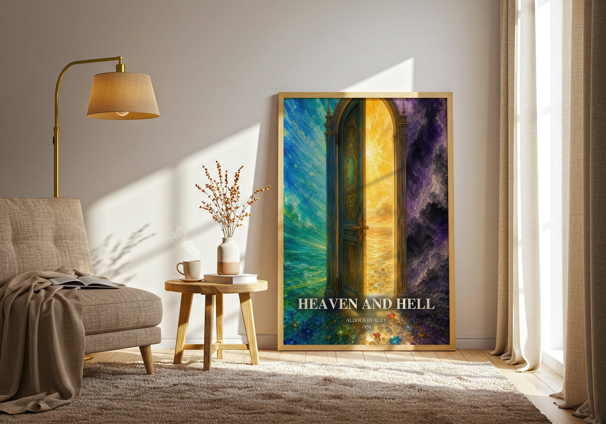 Heaven And Hell watercolour print in frame leaning in hallway – non fiction wall art