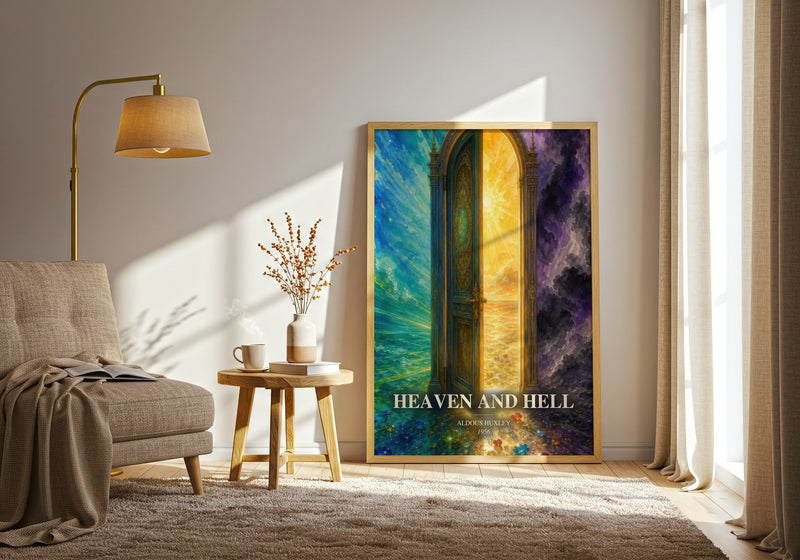 Heaven And Hell watercolour print in frame leaning in hallway – non fiction wall art