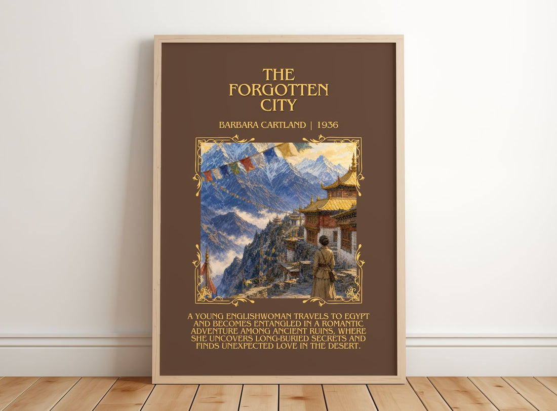 The Forgotten City Minimalist Book Poster by Barbara Cartland – framed print leaning on a wooden floor