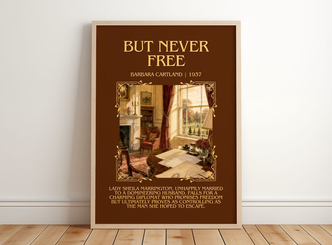But Never Free Minimalist Book Poster by Barbara Cartland – framed print leaning on a wooden floor
