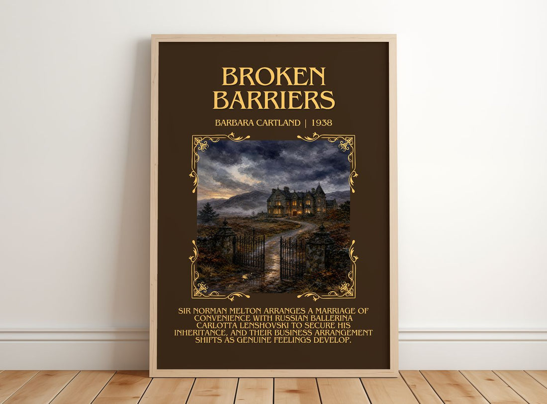 Broken Barriers Minimalist Book Poster by Barbara Cartland – framed print leaning on a wooden floor