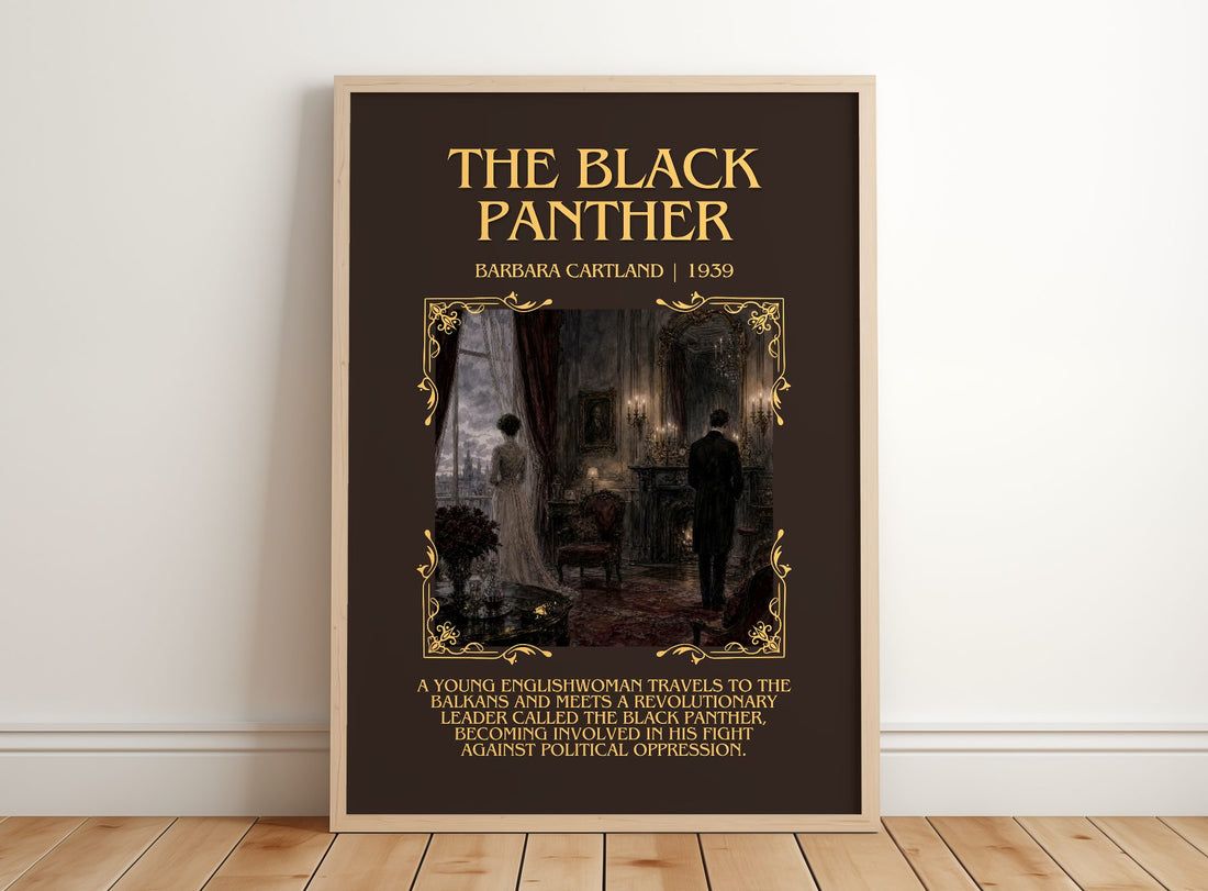 The Black Panther Minimalist Book Poster by Barbara Cartland – framed print leaning on a wooden floor