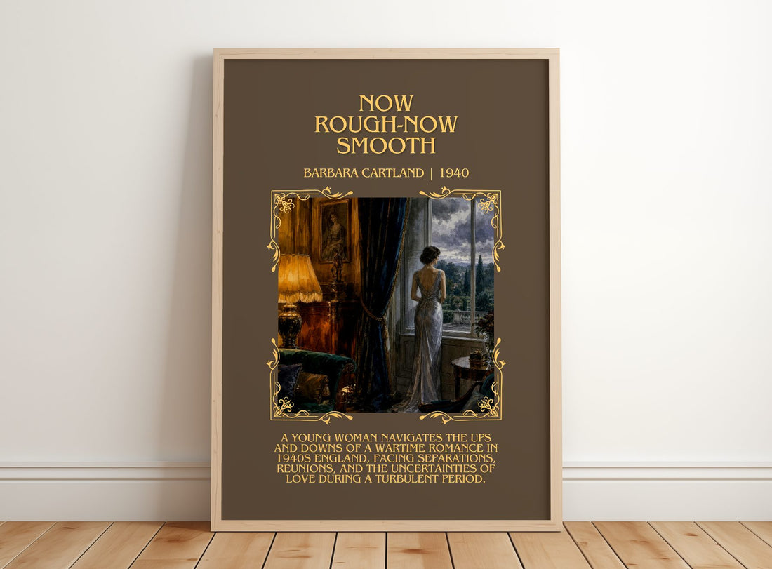 Now Rough-Now Smooth Minimalist Book Poster by Barbara Cartland – framed print leaning on a wooden floor