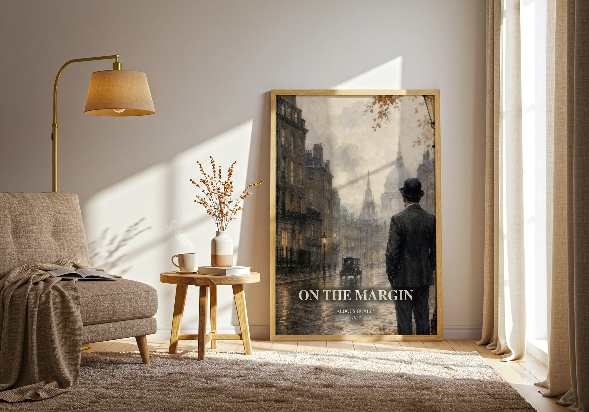 On The Margin watercolour print in frame leaning in hallway – non fiction wall art