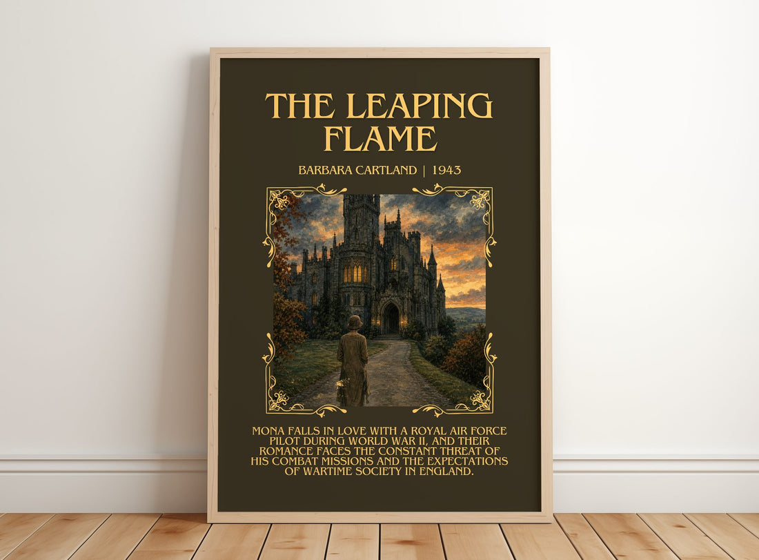 The Leaping Flame Minimalist Book Poster by Barbara Cartland – framed print leaning on a wooden floor