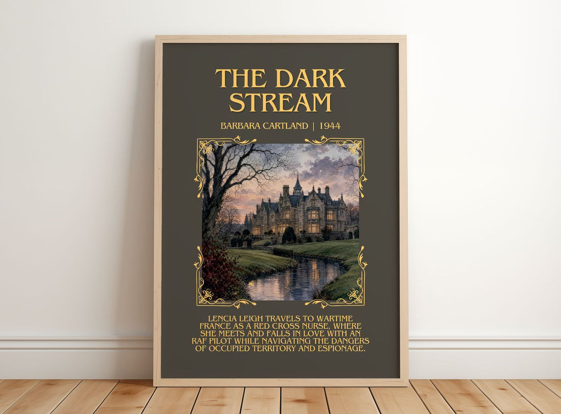 The Dark Stream Minimalist Book Poster by Barbara Cartland – framed print leaning on a wooden floor