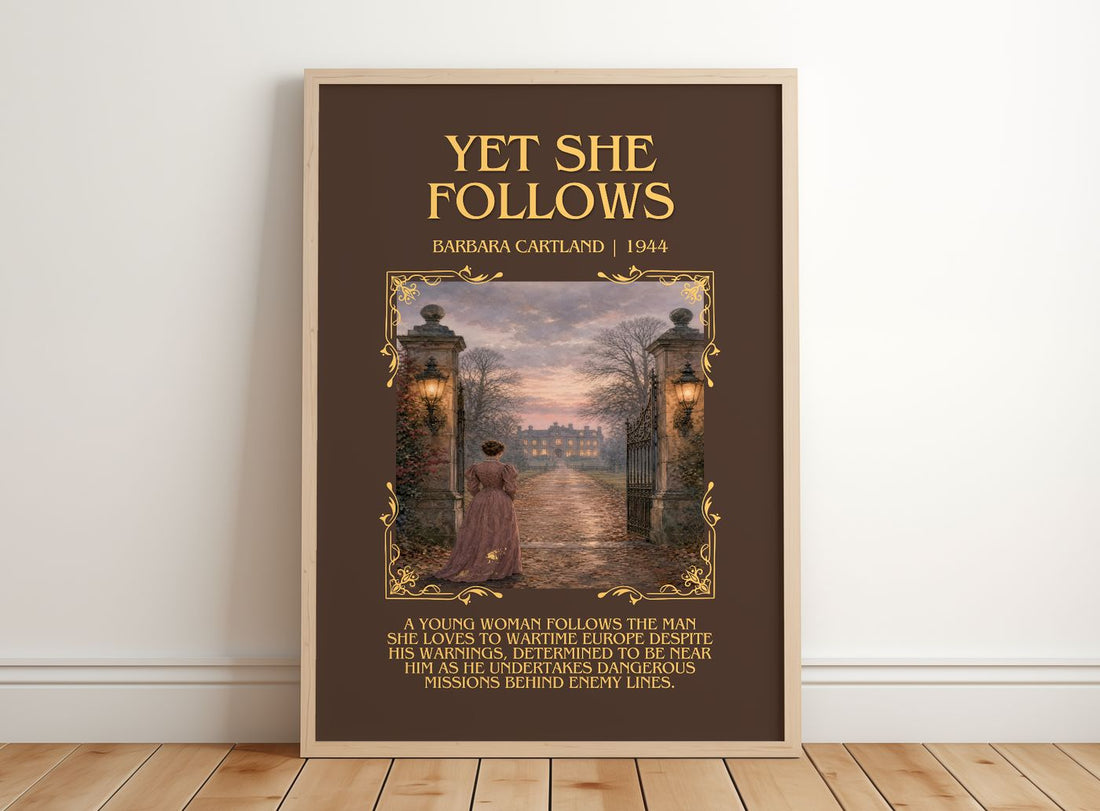 Yet She Follows Minimalist Book Poster by Barbara Cartland – framed print leaning on a wooden floor