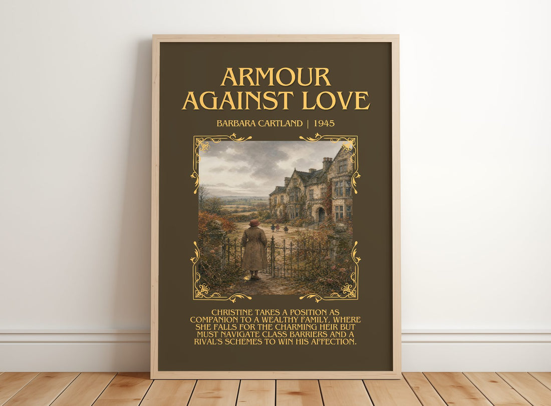 Armour Against Love Minimalist Book Poster by Barbara Cartland – framed print leaning on a wooden floor