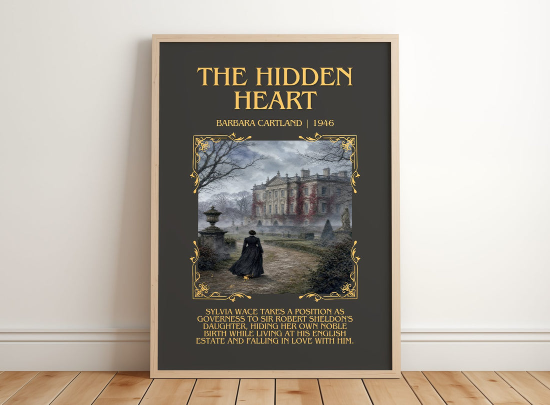 The Hidden Heart Minimalist Book Poster by Barbara Cartland – framed print leaning on a wooden floor