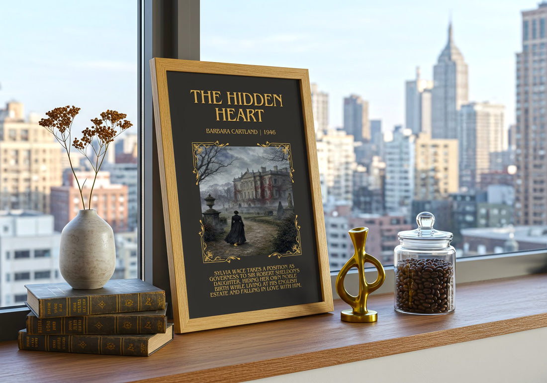 The Hidden Heart Minimalist Book Poster by Barbara Cartland – framed print on a city-view windowsill