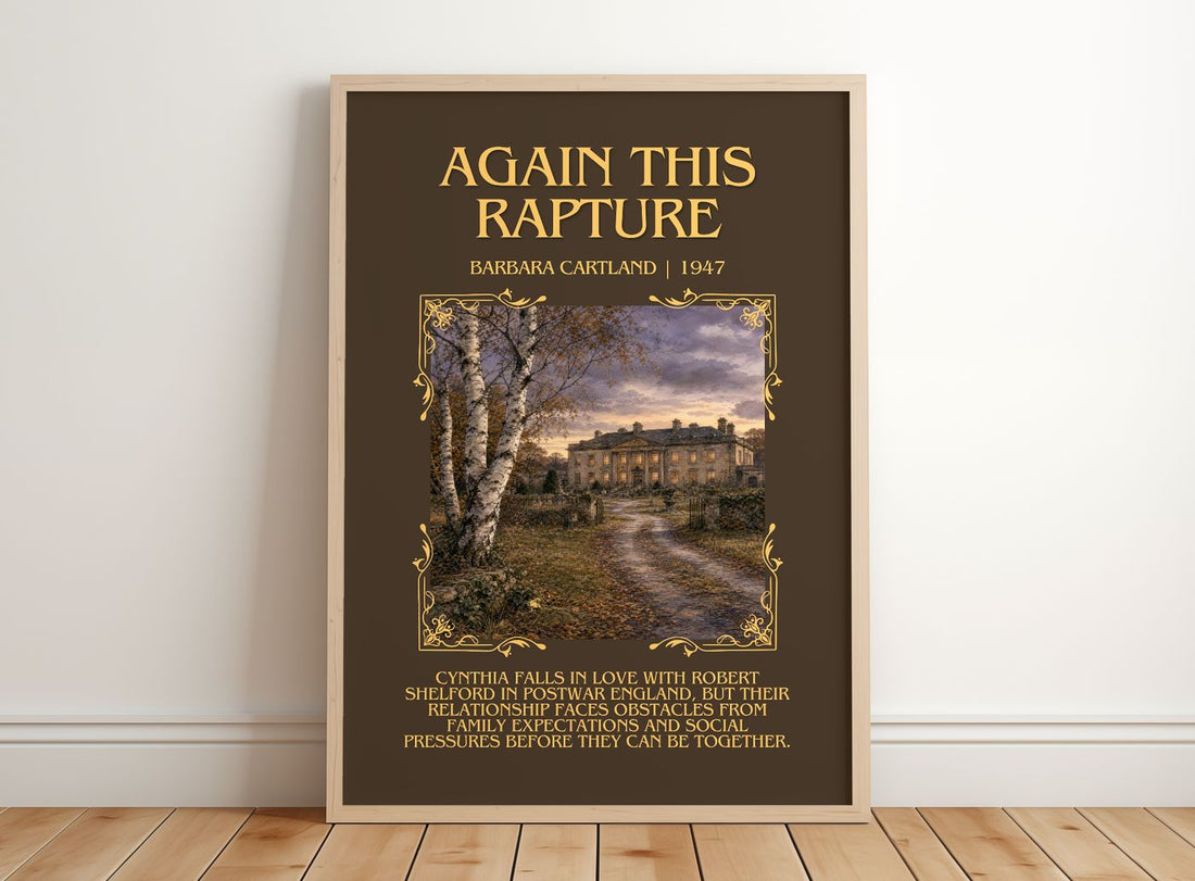 Again This Rapture Minimalist Book Poster by Barbara Cartland – framed print leaning on a wooden floor