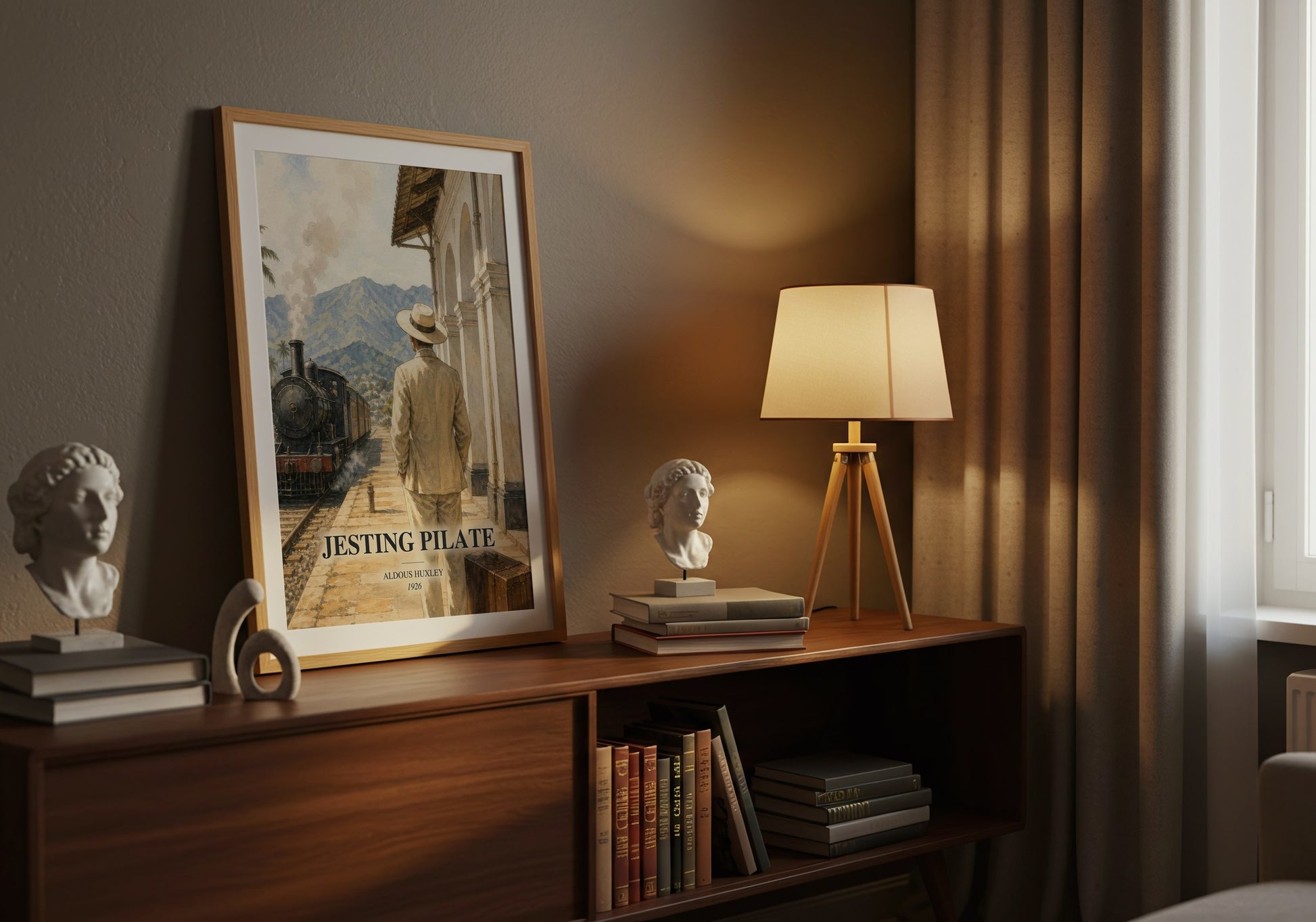 Jesting Pilate watercolour print on bookshelf – Aldous Huxley fan gift