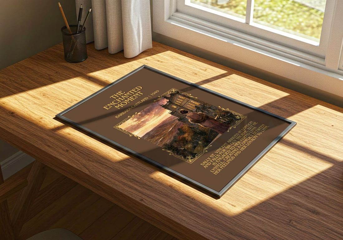 The Enchanted Moment Minimalist Book Poster by Barbara Cartland – print on a sunlit desk