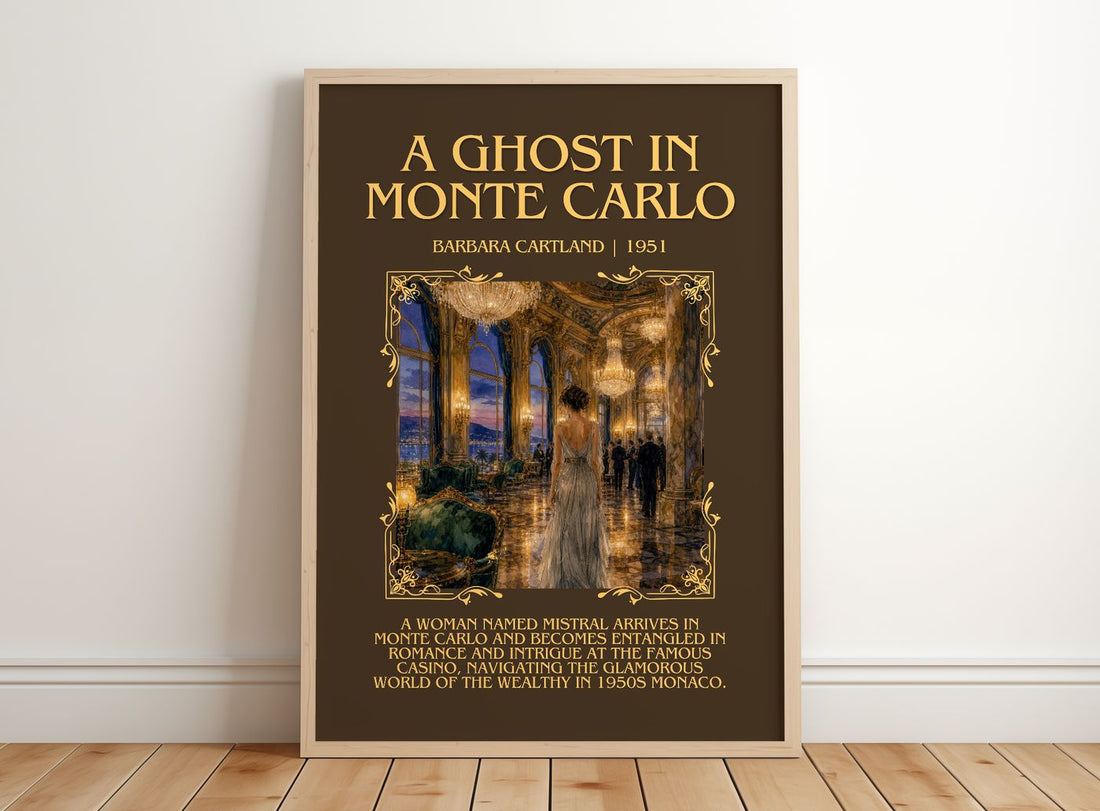 A Ghost In Monte Carlo Minimalist Book Poster by Barbara Cartland – framed print leaning on a wooden floor