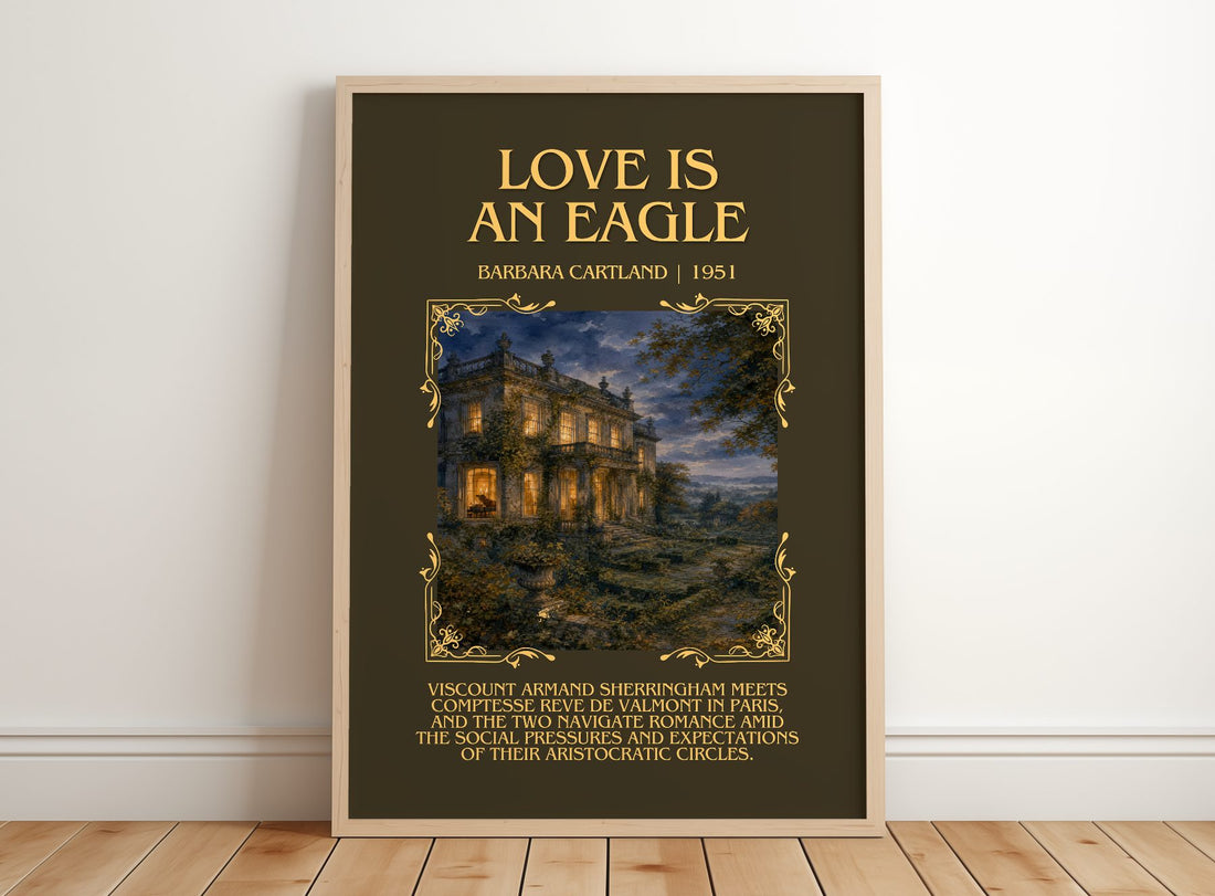 Love Is An Eagle Minimalist Book Poster by Barbara Cartland – framed print leaning on a wooden floor