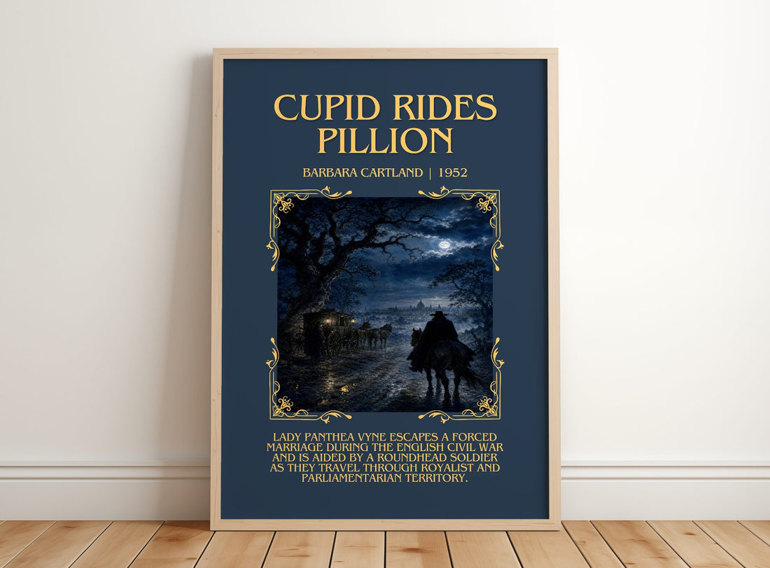 Cupid Rides Pillion Minimalist Book Poster by Barbara Cartland – framed print leaning on a wooden floor