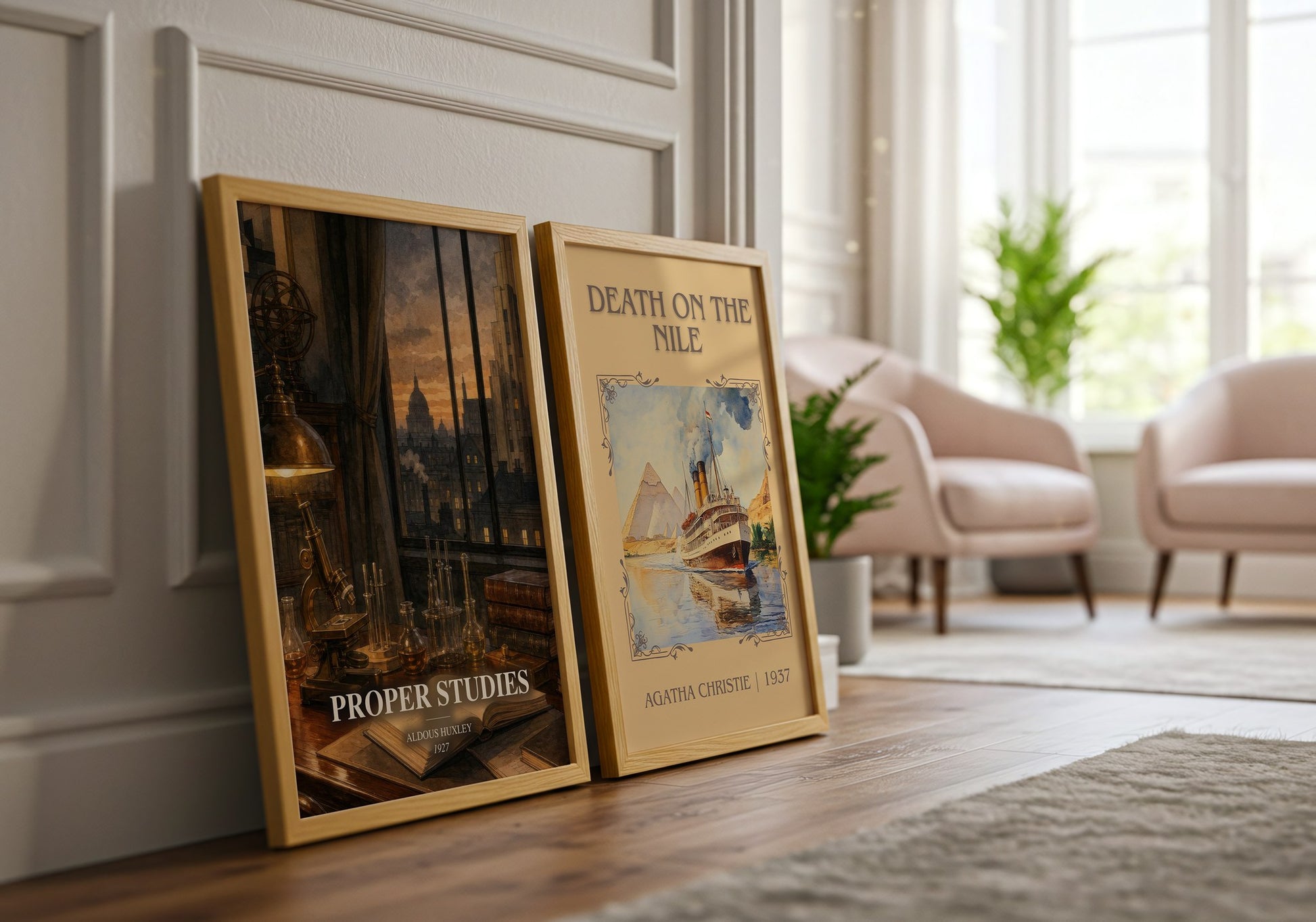 Proper Studies watercolour print framed by window – literary home decor