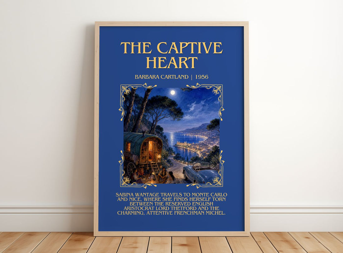 The Captive Heart Minimalist Book Poster by Barbara Cartland – framed print leaning on a wooden floor