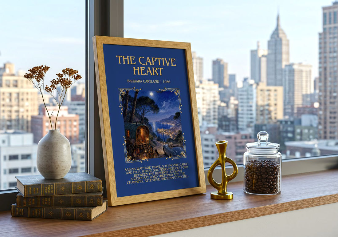 The Captive Heart Minimalist Book Poster by Barbara Cartland – framed print on a city-view windowsill