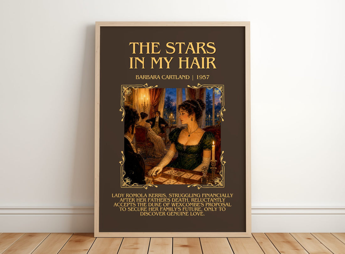 The Stars In My Hair Minimalist Book Poster by Barbara Cartland – framed print leaning on a wooden floor
