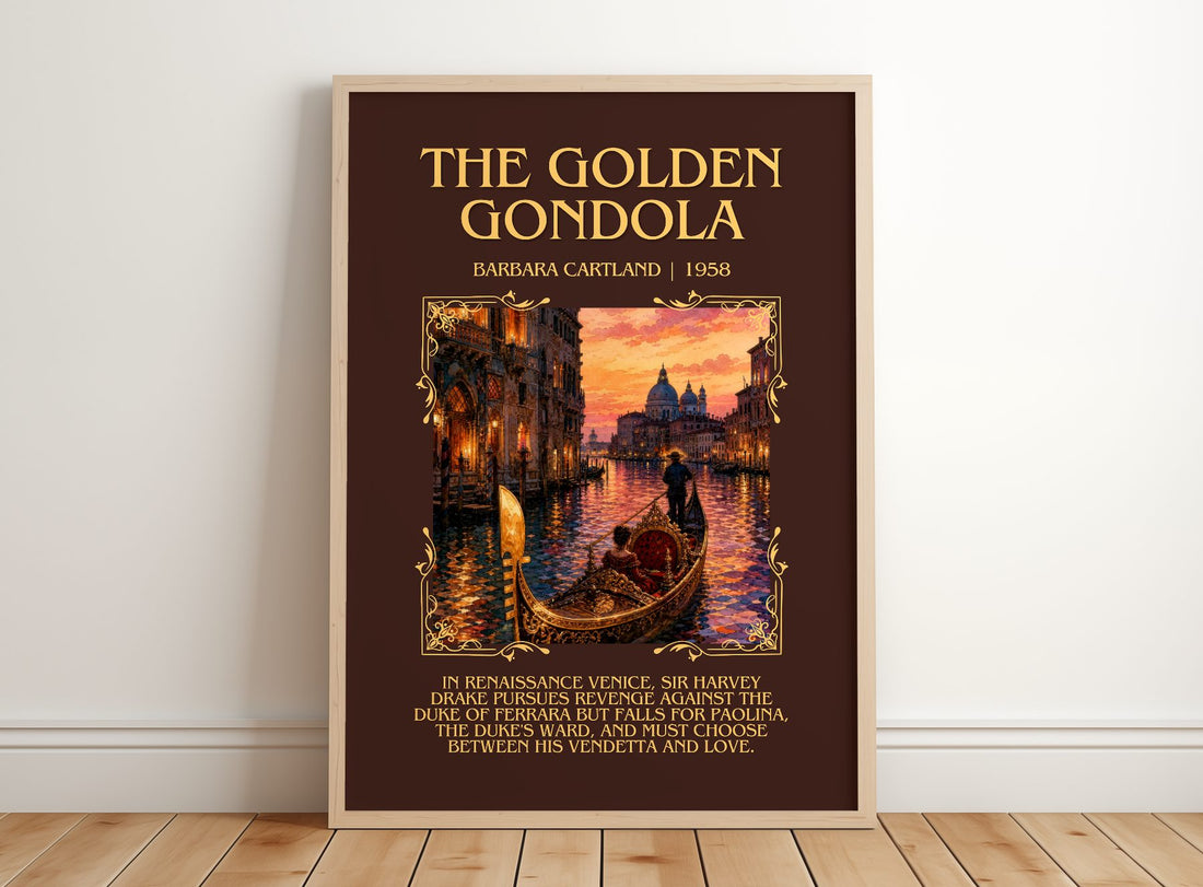 The Golden Gondola Minimalist Book Poster by Barbara Cartland – framed print leaning on a wooden floor
