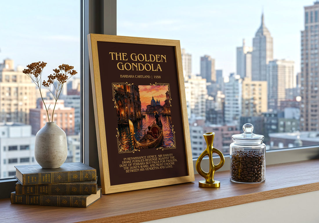 The Golden Gondola Minimalist Book Poster by Barbara Cartland – framed print on a city-view windowsill