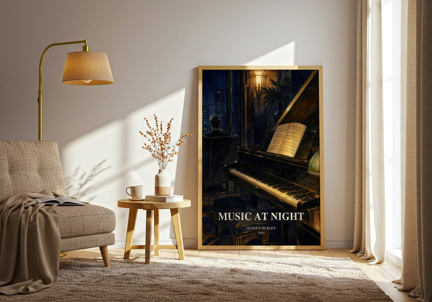 Music At Night watercolour print in frame leaning in hallway – non fiction wall art