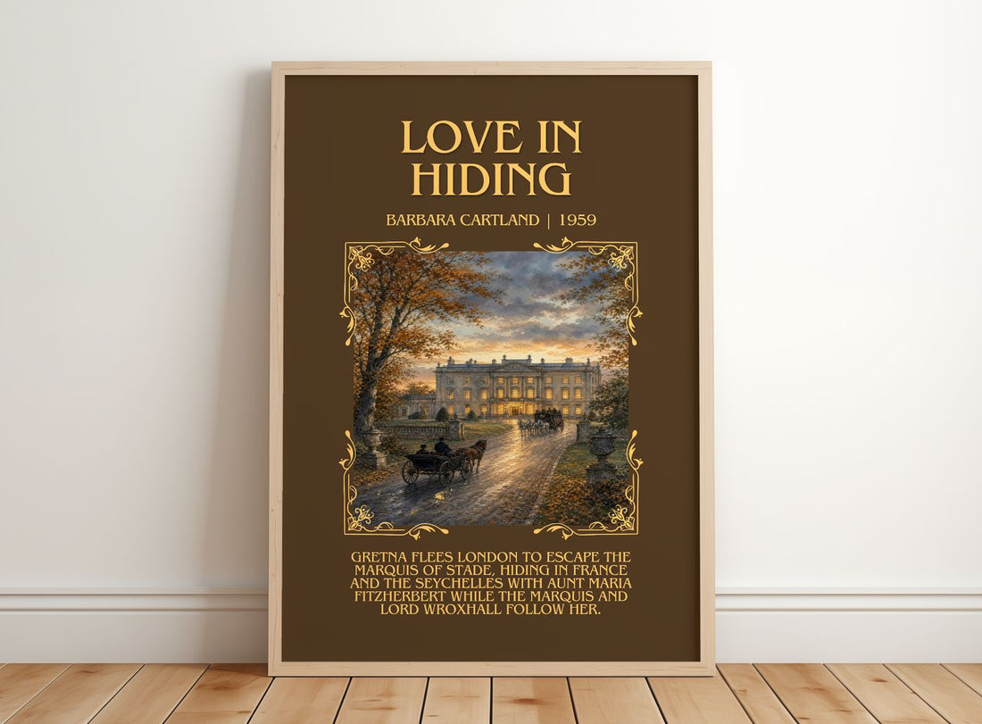 Love In Hiding Minimalist Book Poster by Barbara Cartland – framed print leaning on a wooden floor