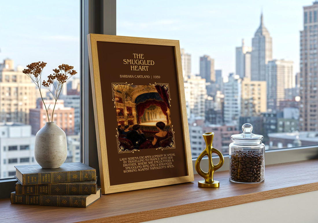 The Smuggled Heart Minimalist Book Poster by Barbara Cartland – framed print on a city-view windowsill