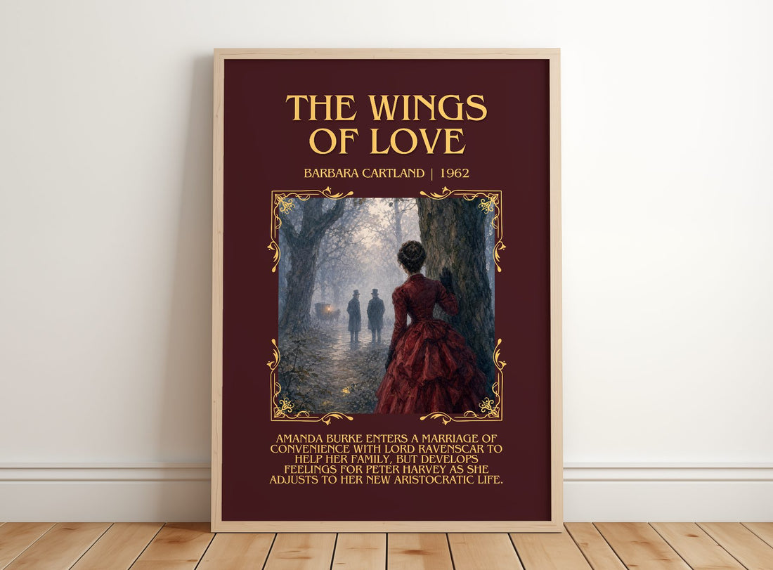 The Wings Of Love Minimalist Book Poster by Barbara Cartland – framed print leaning on a wooden floor